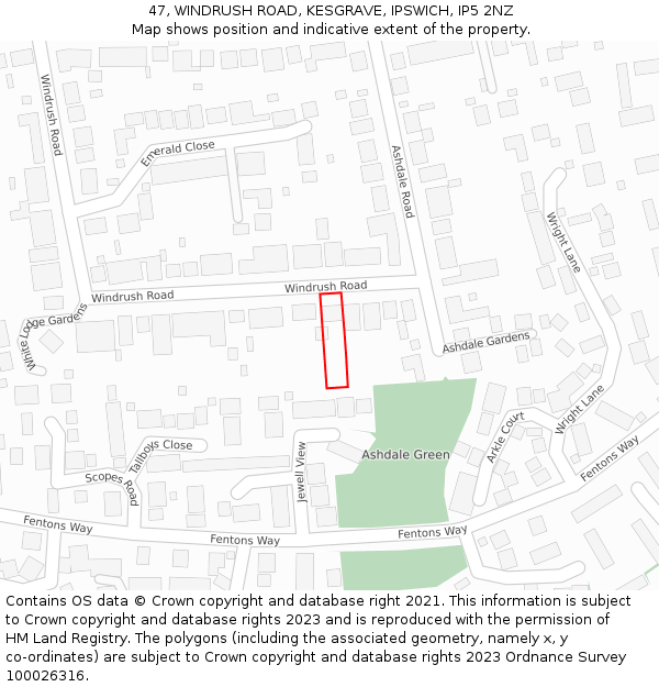 47, WINDRUSH ROAD, KESGRAVE, IPSWICH, IP5 2NZ: Location map and indicative extent of plot