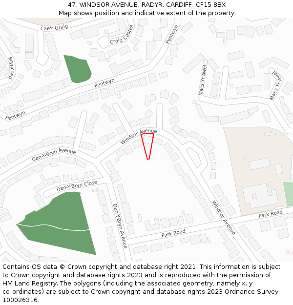 47, WINDSOR AVENUE, RADYR, CARDIFF, CF15 8BX: Location map and indicative extent of plot