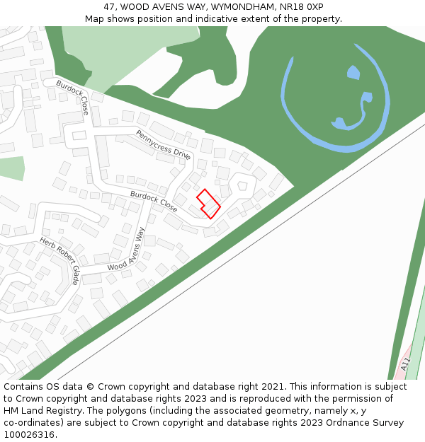 47, WOOD AVENS WAY, WYMONDHAM, NR18 0XP: Location map and indicative extent of plot