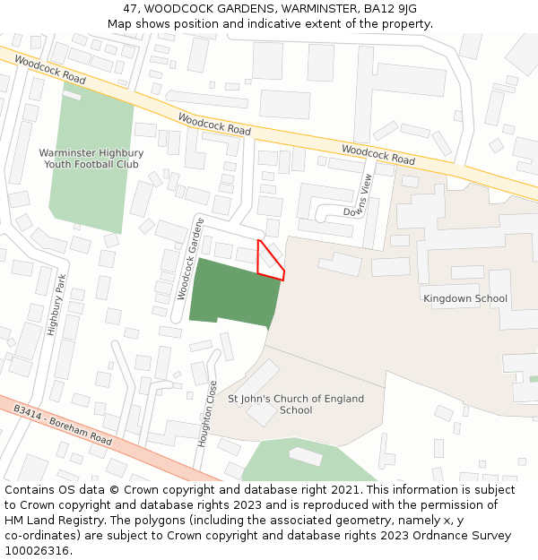 47, WOODCOCK GARDENS, WARMINSTER, BA12 9JG: Location map and indicative extent of plot