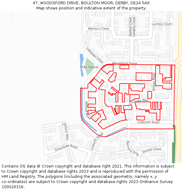 47, WOODSFORD DRIVE, BOULTON MOOR, DERBY, DE24 5AX: Location map and indicative extent of plot
