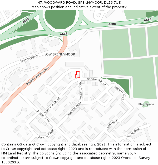 47, WOODWARD ROAD, SPENNYMOOR, DL16 7US: Location map and indicative extent of plot
