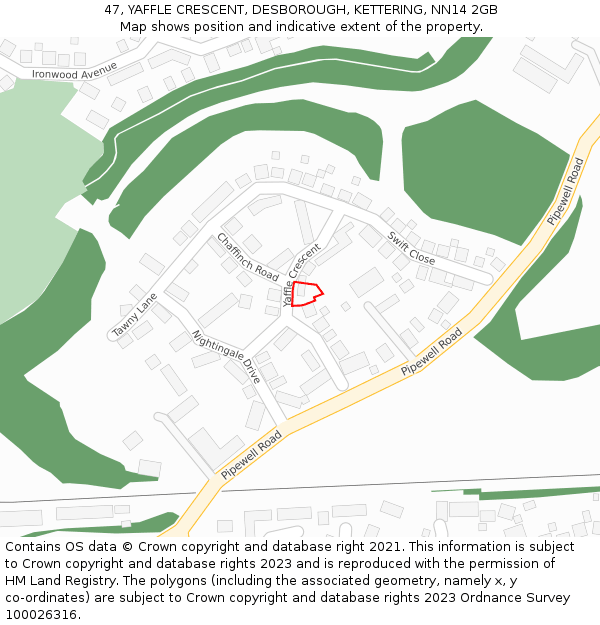47, YAFFLE CRESCENT, DESBOROUGH, KETTERING, NN14 2GB: Location map and indicative extent of plot