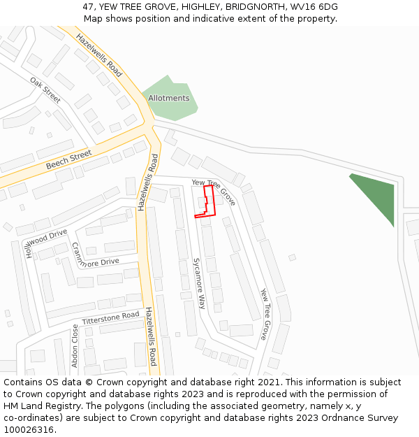 47, YEW TREE GROVE, HIGHLEY, BRIDGNORTH, WV16 6DG: Location map and indicative extent of plot