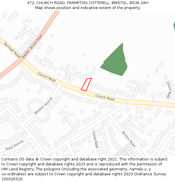 472, CHURCH ROAD, FRAMPTON COTTERELL, BRISTOL, BS36 2AH: Location map and indicative extent of plot