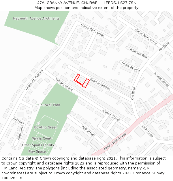 47A, GRANNY AVENUE, CHURWELL, LEEDS, LS27 7SN: Location map and indicative extent of plot