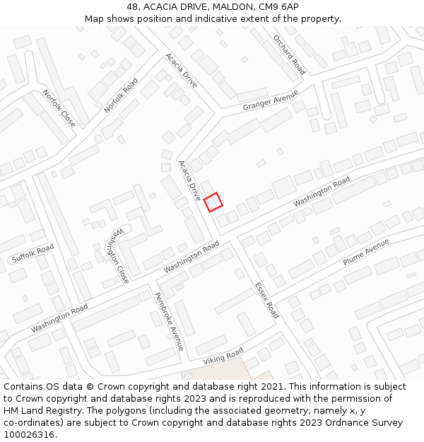 48, ACACIA DRIVE, MALDON, CM9 6AP: Location map and indicative extent of plot