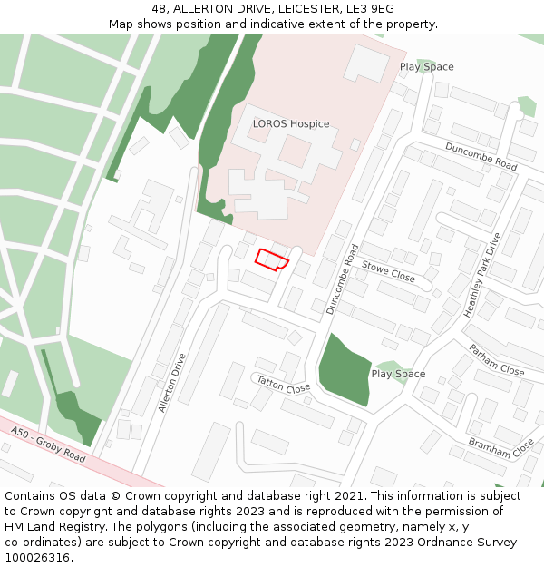 48, ALLERTON DRIVE, LEICESTER, LE3 9EG: Location map and indicative extent of plot