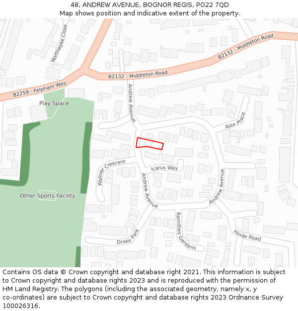 48, ANDREW AVENUE, BOGNOR REGIS, PO22 7QD: Location map and indicative extent of plot