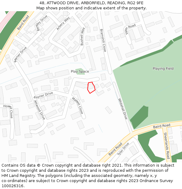 48, ATTWOOD DRIVE, ARBORFIELD, READING, RG2 9FE: Location map and indicative extent of plot