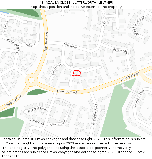 48, AZALEA CLOSE, LUTTERWORTH, LE17 4FR: Location map and indicative extent of plot