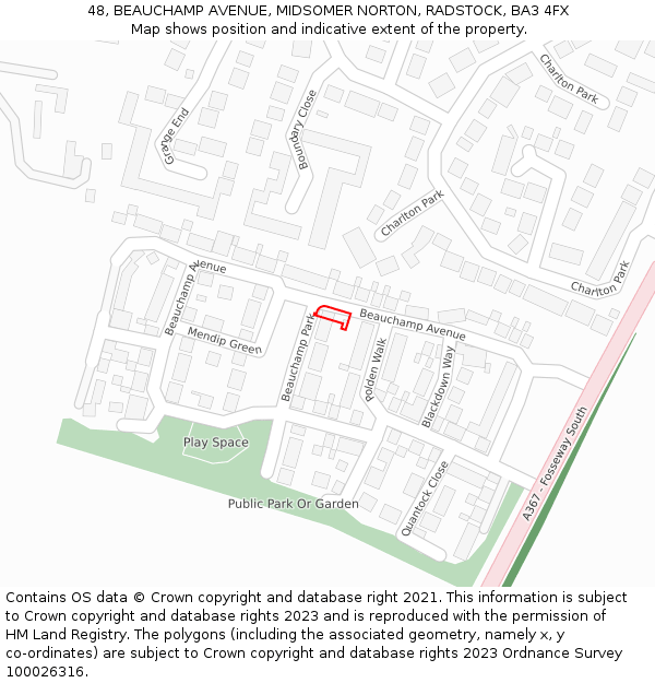 48, BEAUCHAMP AVENUE, MIDSOMER NORTON, RADSTOCK, BA3 4FX: Location map and indicative extent of plot