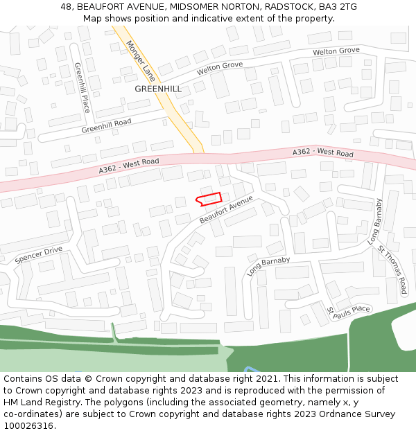 48, BEAUFORT AVENUE, MIDSOMER NORTON, RADSTOCK, BA3 2TG: Location map and indicative extent of plot
