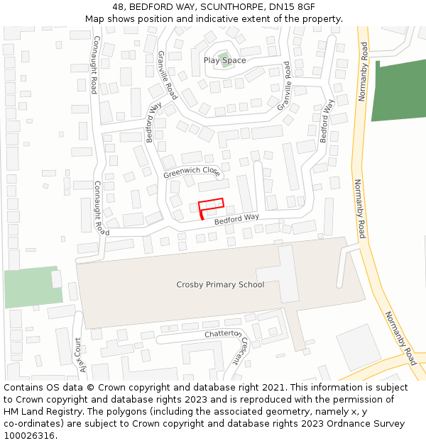 48, BEDFORD WAY, SCUNTHORPE, DN15 8GF: Location map and indicative extent of plot