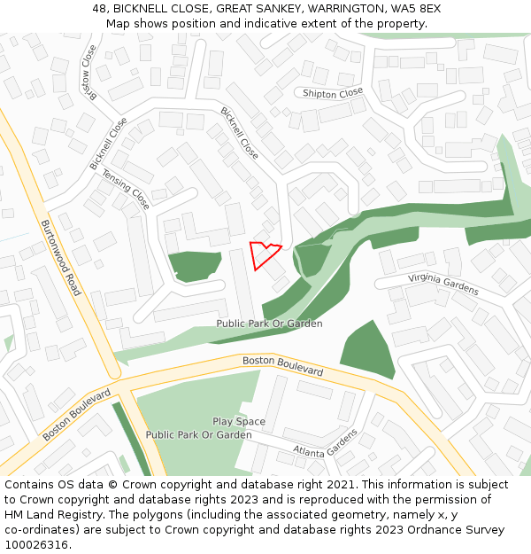 48, BICKNELL CLOSE, GREAT SANKEY, WARRINGTON, WA5 8EX: Location map and indicative extent of plot