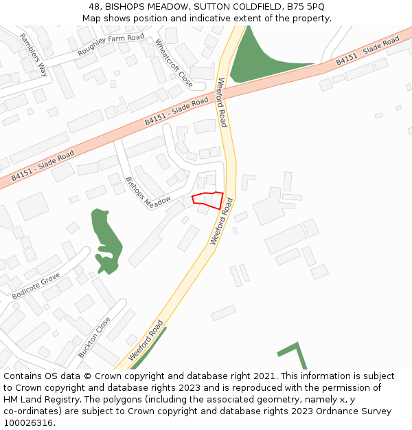 48, BISHOPS MEADOW, SUTTON COLDFIELD, B75 5PQ: Location map and indicative extent of plot