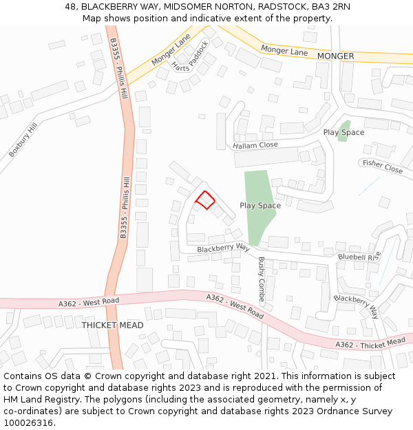 48, BLACKBERRY WAY, MIDSOMER NORTON, RADSTOCK, BA3 2RN: Location map and indicative extent of plot