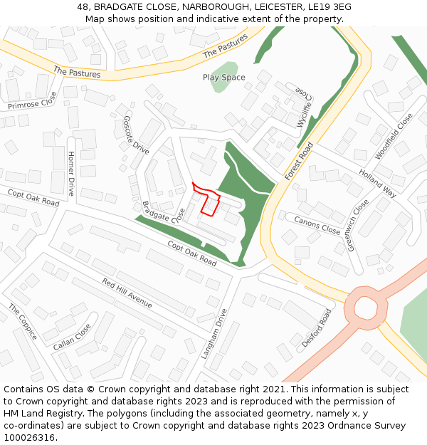 48, BRADGATE CLOSE, NARBOROUGH, LEICESTER, LE19 3EG: Location map and indicative extent of plot