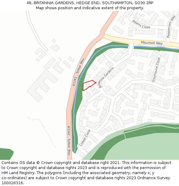 48, BRITANNIA GARDENS, HEDGE END, SOUTHAMPTON, SO30 2RP: Location map and indicative extent of plot