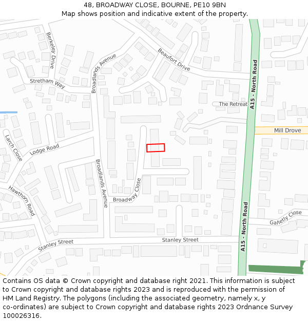 48, BROADWAY CLOSE, BOURNE, PE10 9BN: Location map and indicative extent of plot