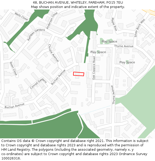 48, BUCHAN AVENUE, WHITELEY, FAREHAM, PO15 7EU: Location map and indicative extent of plot