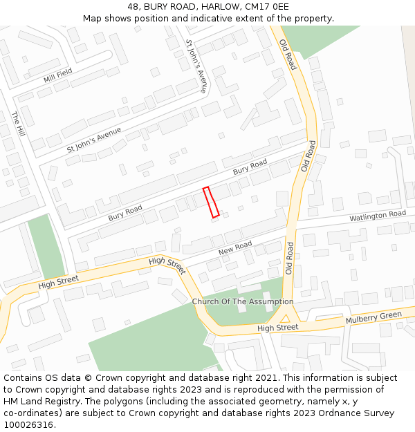 48, BURY ROAD, HARLOW, CM17 0EE: Location map and indicative extent of plot