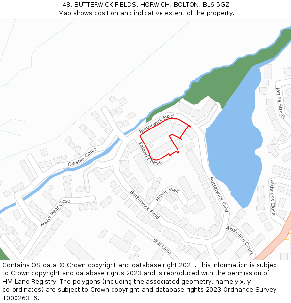 48, BUTTERWICK FIELDS, HORWICH, BOLTON, BL6 5GZ: Location map and indicative extent of plot
