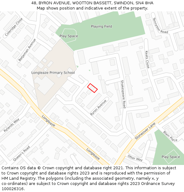 48, BYRON AVENUE, WOOTTON BASSETT, SWINDON, SN4 8HA: Location map and indicative extent of plot
