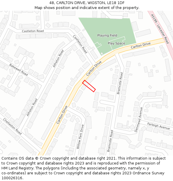 48, CARLTON DRIVE, WIGSTON, LE18 1DF: Location map and indicative extent of plot