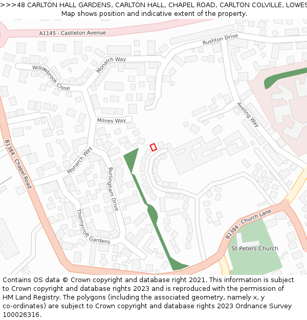48 CARLTON HALL GARDENS, CARLTON HALL, CHAPEL ROAD, CARLTON COLVILLE, LOWESTOFT, NR33 8BL: Location map and indicative extent of plot