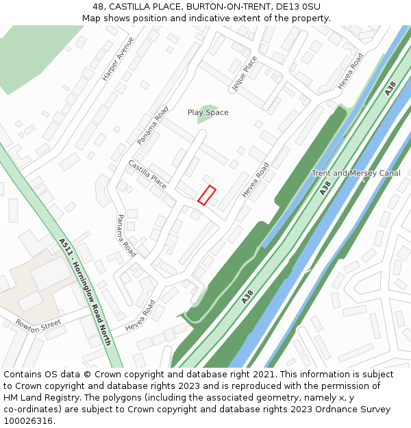 48, CASTILLA PLACE, BURTON-ON-TRENT, DE13 0SU: Location map and indicative extent of plot
