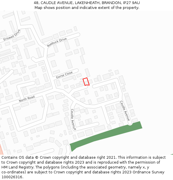 48, CAUDLE AVENUE, LAKENHEATH, BRANDON, IP27 9AU: Location map and indicative extent of plot