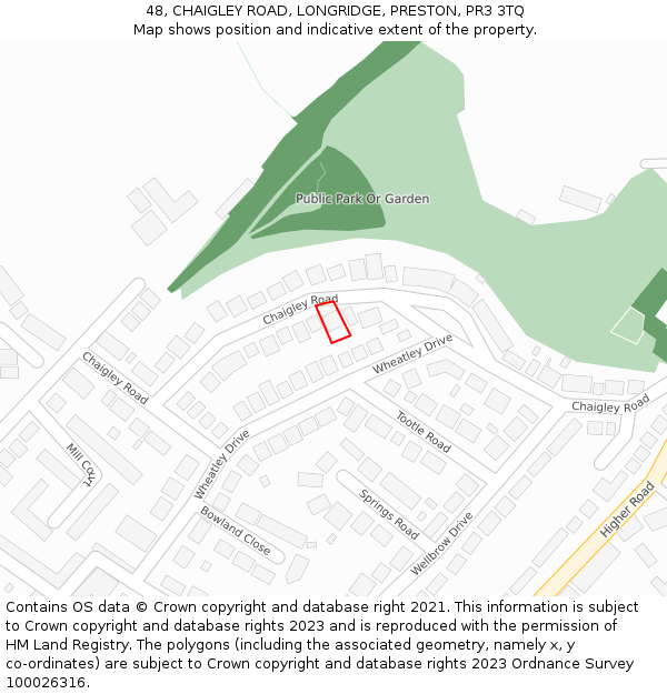 48, CHAIGLEY ROAD, LONGRIDGE, PRESTON, PR3 3TQ: Location map and indicative extent of plot