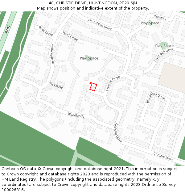 48, CHRISTIE DRIVE, HUNTINGDON, PE29 6JN: Location map and indicative extent of plot