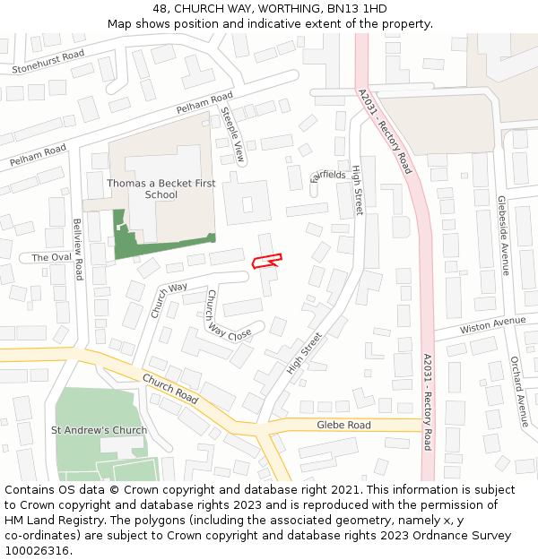 48, CHURCH WAY, WORTHING, BN13 1HD: Location map and indicative extent of plot