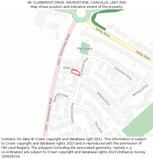 48, CLAREMONT DRIVE, RAVENSTONE, COALVILLE, LE67 2ND: Location map and indicative extent of plot