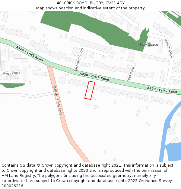48, CRICK ROAD, RUGBY, CV21 4DY: Location map and indicative extent of plot