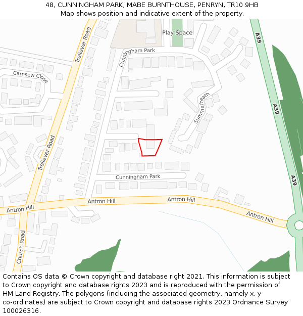 48, CUNNINGHAM PARK, MABE BURNTHOUSE, PENRYN, TR10 9HB: Location map and indicative extent of plot