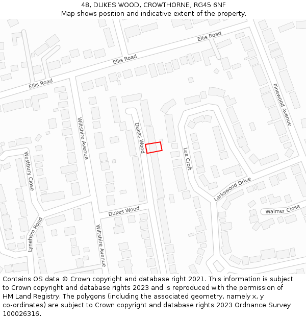 48, DUKES WOOD, CROWTHORNE, RG45 6NF: Location map and indicative extent of plot