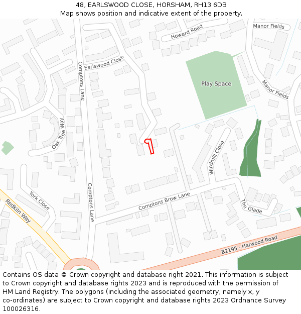 48, EARLSWOOD CLOSE, HORSHAM, RH13 6DB: Location map and indicative extent of plot