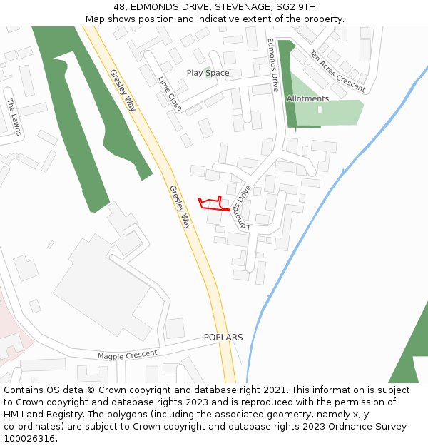48, EDMONDS DRIVE, STEVENAGE, SG2 9TH: Location map and indicative extent of plot