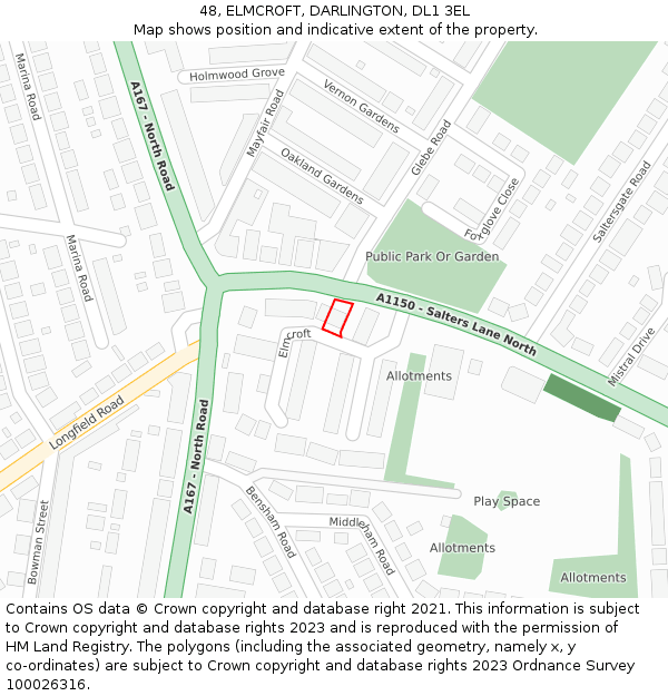 48, ELMCROFT, DARLINGTON, DL1 3EL: Location map and indicative extent of plot