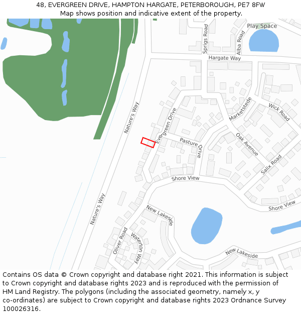 48, EVERGREEN DRIVE, HAMPTON HARGATE, PETERBOROUGH, PE7 8FW: Location map and indicative extent of plot