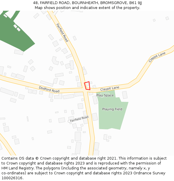 48, FAIRFIELD ROAD, BOURNHEATH, BROMSGROVE, B61 9JJ: Location map and indicative extent of plot