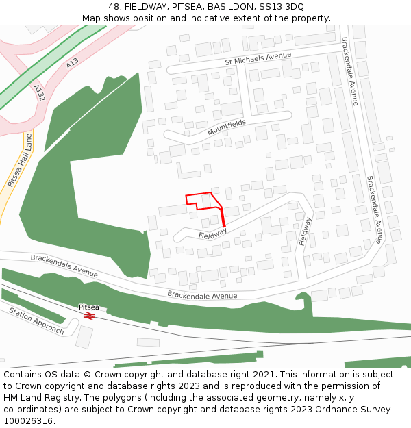 48, FIELDWAY, PITSEA, BASILDON, SS13 3DQ: Location map and indicative extent of plot