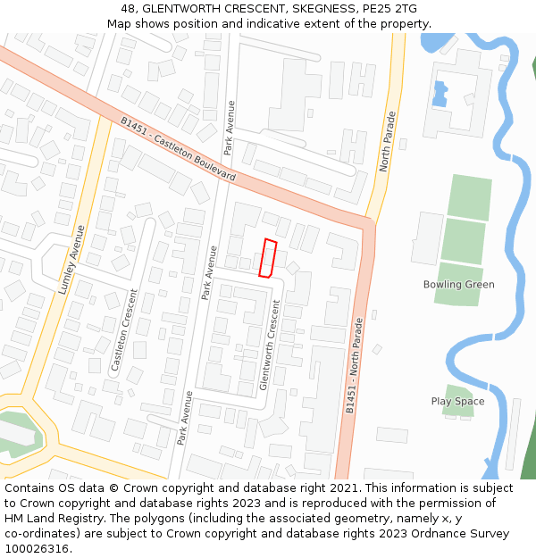 48, GLENTWORTH CRESCENT, SKEGNESS, PE25 2TG: Location map and indicative extent of plot