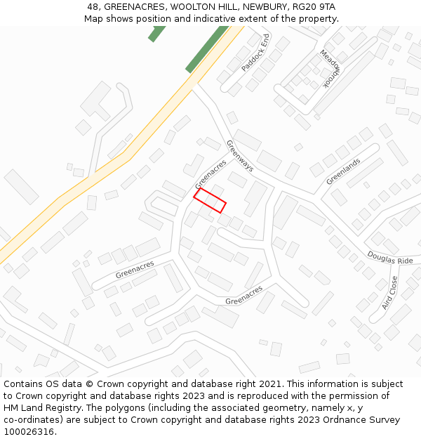 48, GREENACRES, WOOLTON HILL, NEWBURY, RG20 9TA: Location map and indicative extent of plot