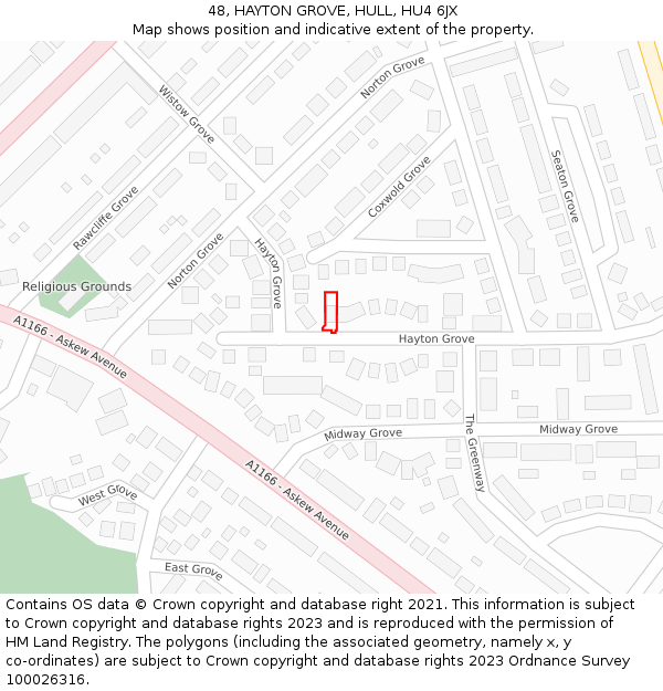 48, HAYTON GROVE, HULL, HU4 6JX: Location map and indicative extent of plot