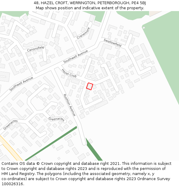 48, HAZEL CROFT, WERRINGTON, PETERBOROUGH, PE4 5BJ: Location map and indicative extent of plot