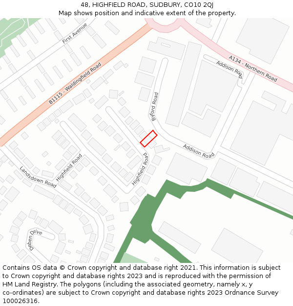 48, HIGHFIELD ROAD, SUDBURY, CO10 2QJ: Location map and indicative extent of plot